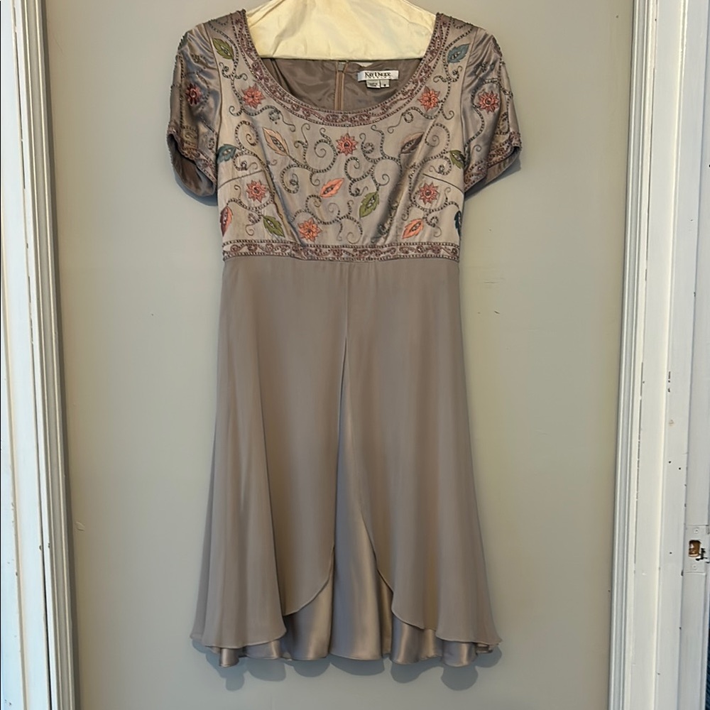 Kay Unger Embroidered Gray Midi Dress